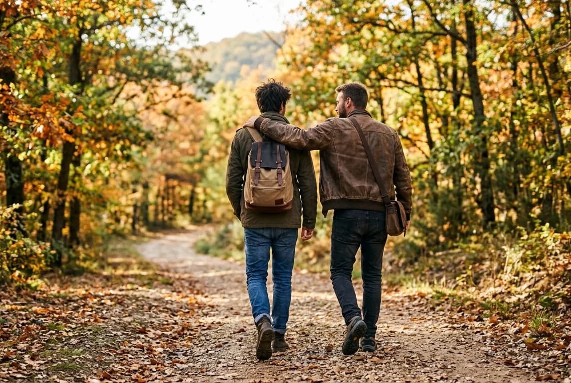 Dos amigos caminando por el bosque